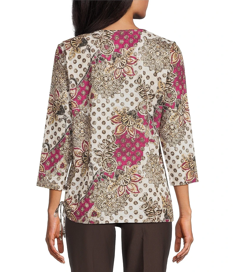 Allison Daley Batik Floral Print 3/4 Sleeve Crew Neck Knot Hem Top