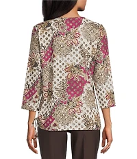 Allison Daley Batik Floral Print 3/4 Sleeve Crew Neck Knot Hem Top