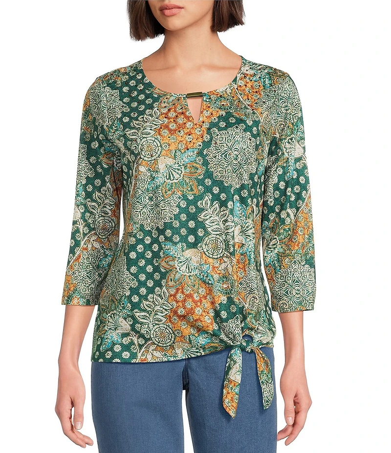 Allison Daley Batik Floral Print 3/4 Sleeve Keyhole Neck Knit Top