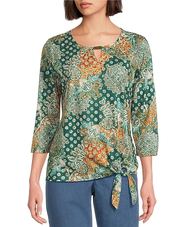 Allison Daley Batik Floral Print 3/4 Sleeve Keyhole Neck Knit Top