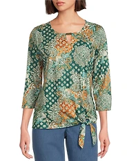 Allison Daley Batik Floral Print 3/4 Sleeve Keyhole Neck Knit Top