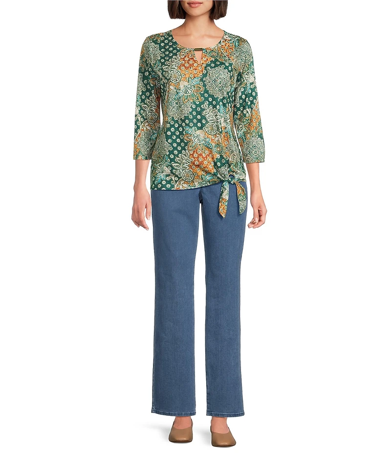 Allison Daley Batik Floral Print 3/4 Sleeve Keyhole Neck Knit Top