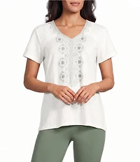 Allison Daley Beaded Embroidery Short Sleeve V-Neck Knit Top