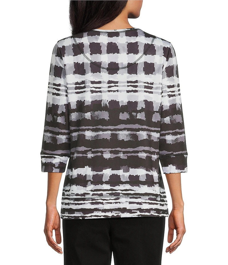Allison Daley Black Abstract Checks Print 3/4 Sleeve Crew Neck Knit Top