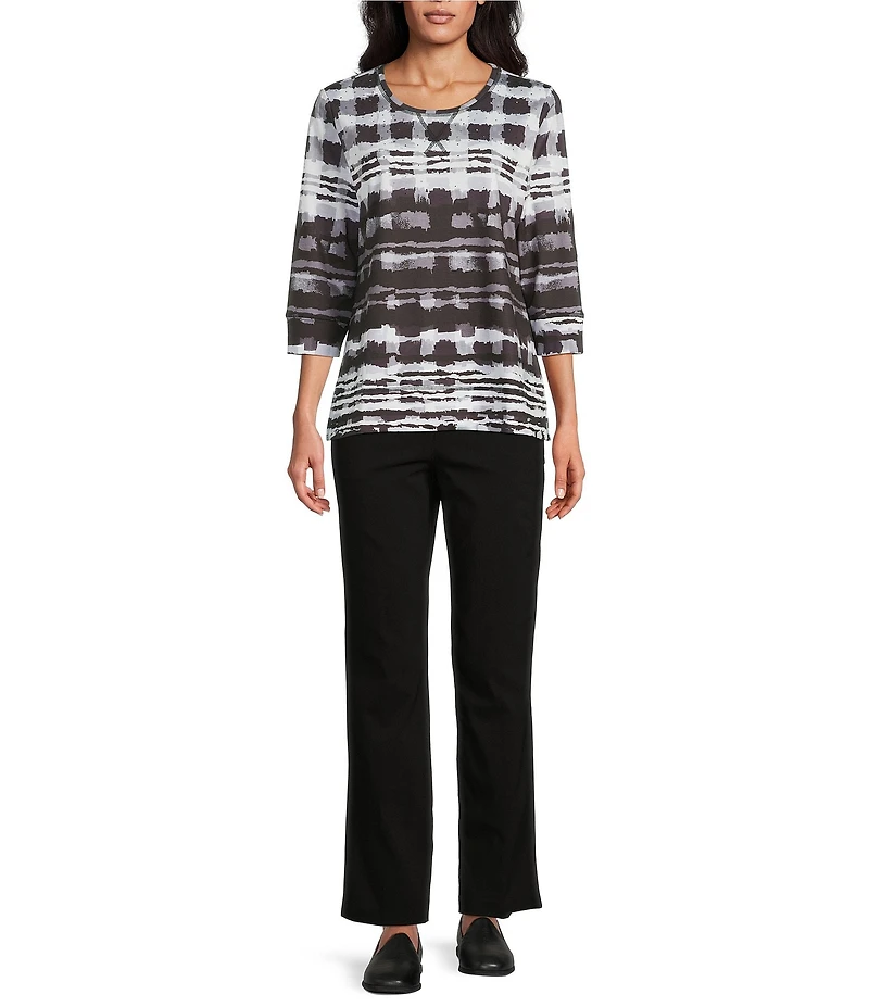 Allison Daley Black Abstract Checks Print 3/4 Sleeve Crew Neck Knit Top