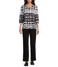 Allison Daley Black Abstract Checks Print 3/4 Sleeve Crew Neck Knit Top