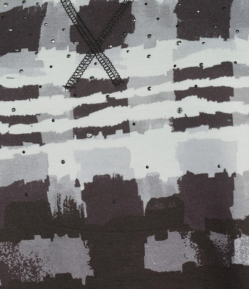 Allison Daley Black Abstract Checks Print 3/4 Sleeve Crew Neck Knit Top