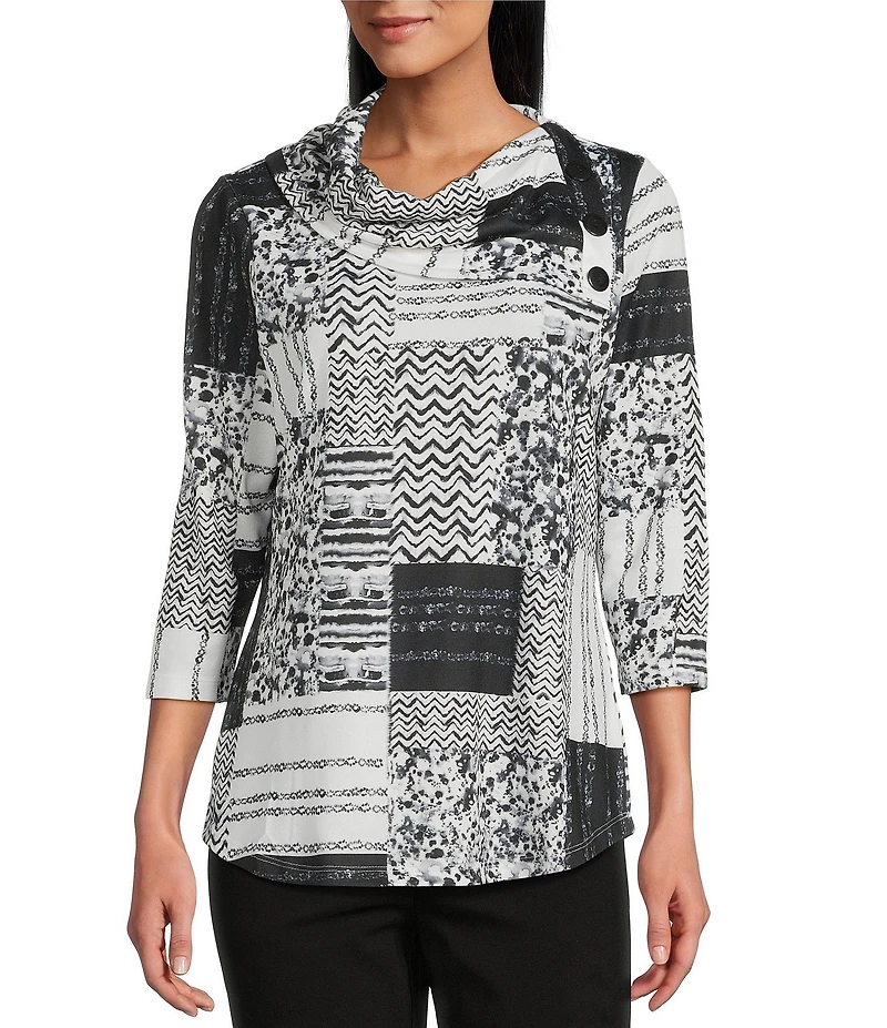 Allison Daley Black Autumn Textured Print 3/4 Sleeve Cowl Neck Knit Top