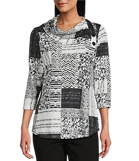 Allison Daley Black Autumn Textured Print 3/4 Sleeve Cowl Neck Knit Top