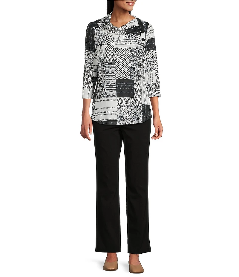 Allison Daley Black Autumn Textured Print 3/4 Sleeve Cowl Neck Knit Top