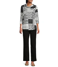 Allison Daley Black Autumn Textured Print 3/4 Sleeve Cowl Neck Knit Top