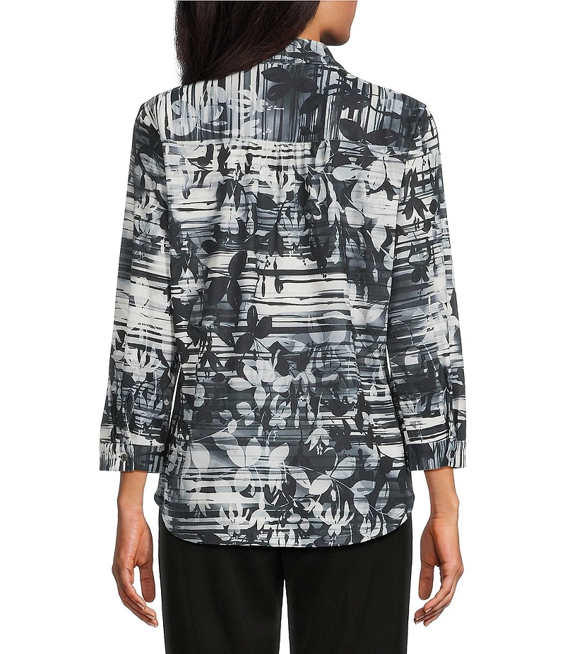 Allison Daley Black Showering Floral Print 3/4 Sleeve Point Collar Button Front Shirt