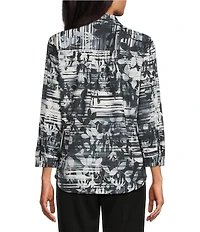 Allison Daley Black Showering Floral Print 3/4 Sleeve Point Collar Button Front Shirt