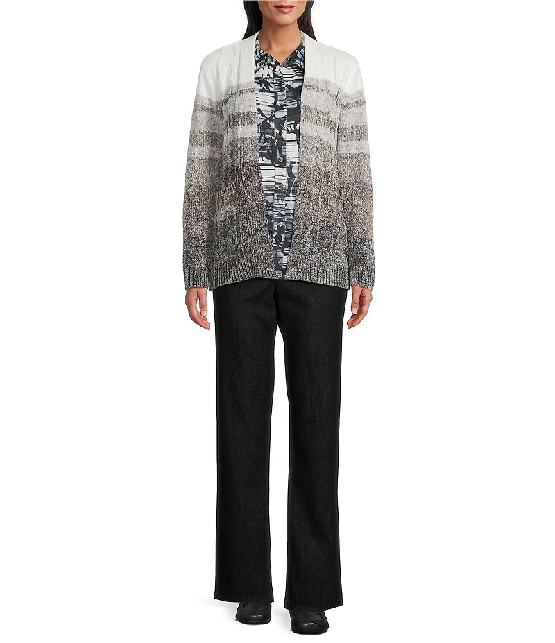 Allison Daley Black White Long Sleeve Open-Front Gradience Stripe Cardigan