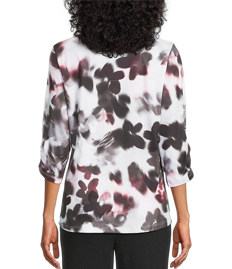 Allison Daley Blurry Flower 3/4 Sleeve Split Round Neck Lace Detail Knit Top