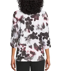 Allison Daley Blurry Flower 3/4 Sleeve Split Round Neck Lace Detail Knit Top