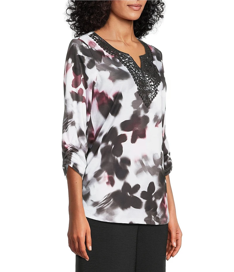 Allison Daley Blurry Flower 3/4 Sleeve Split Round Neck Lace Detail Knit Top