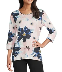 Allison Daley Blush Multi Floral Print Embellished 3/4 Sleeve Crew Neck Scuba Knit Top