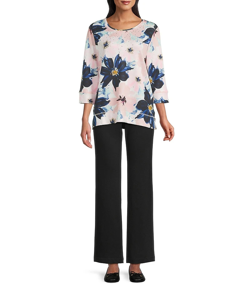 Allison Daley Blush Multi Floral Print Embellished 3/4 Sleeve Crew Neck Scuba Knit Top