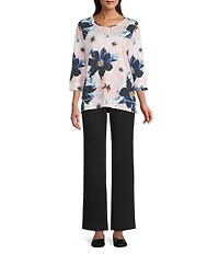 Allison Daley Blush Multi Floral Print Embellished 3/4 Sleeve Crew Neck Scuba Knit Top