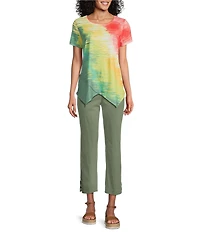 Allison Daley Brushstroke Ombre Print Short Sleeve Crew Neck Handkerchief Hem Slub Jersey Knit Top