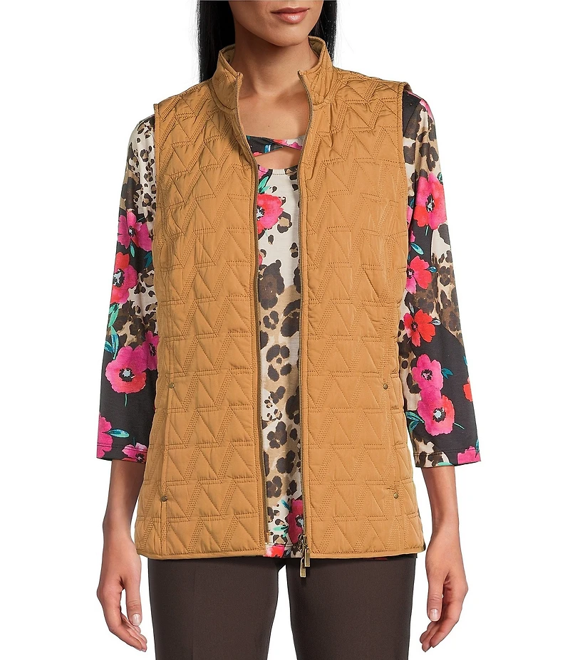 Allison Daley Chevron Sleeveless Two Way Zip Up Woven Quilted Vest
