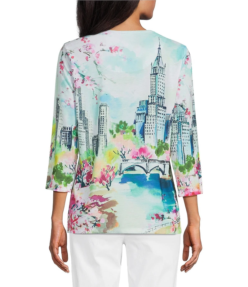 Allison Daley City Scape Print 3/4 Sleeve Crew Neck Embellished Knit Top