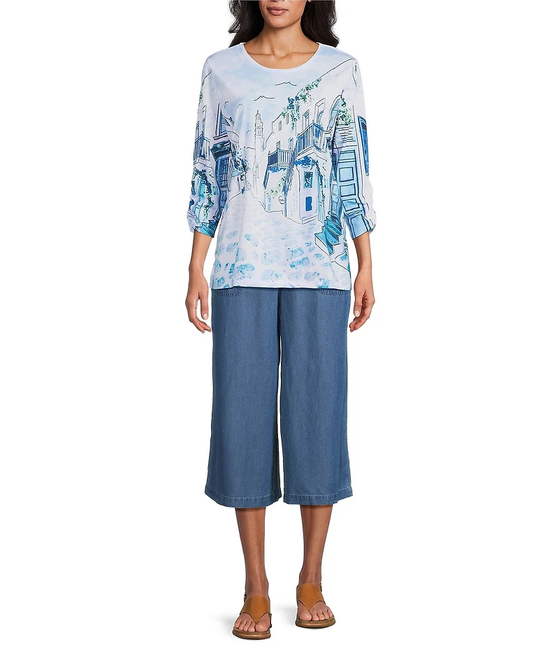 Allison Daley Coastal Retreat Print 3/4 Ruched Sleeve Crew Neck Knit Top