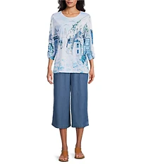 Allison Daley Coastal Retreat Print 3/4 Ruched Sleeve Crew Neck Knit Top