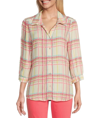 Allison Daley Coral Plaid Print 3/4 Sleeve Point Collar Button Front Shirt