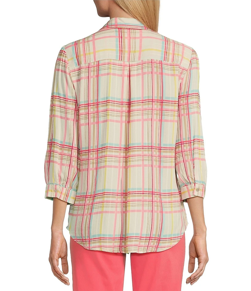 Allison Daley Coral Plaid Print 3/4 Sleeve Point Collar Button Front Shirt