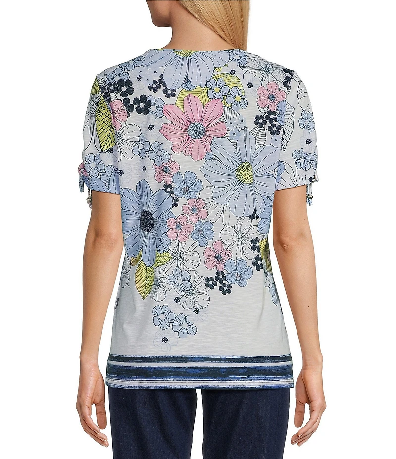 Allison Daley Daisy Cascade Border Print Short Ruched Tie Sleeve Crew Neck Knit Top