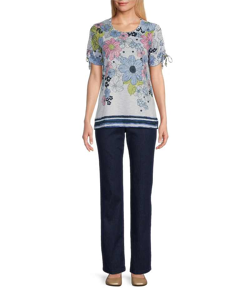 Allison Daley Daisy Cascade Border Print Short Ruched Tie Sleeve Crew Neck Knit Top