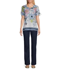 Allison Daley Daisy Cascade Border Print Short Ruched Tie Sleeve Crew Neck Knit Top