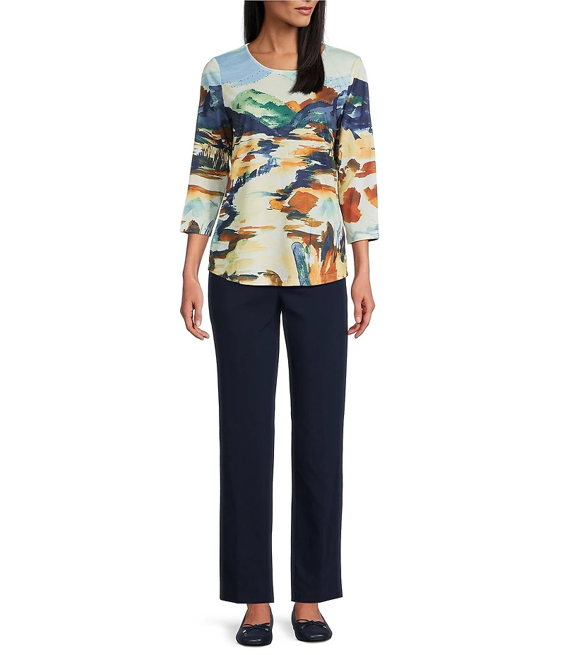 Allison Daley Deep Forest Autum Prairie Print Embellished 3/4 Sleeve Crew Neck Knit Art Tee