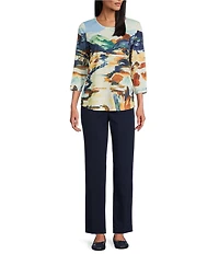 Allison Daley Deep Forest Autum Prairie Print Embellished 3/4 Sleeve Crew Neck Knit Art Tee