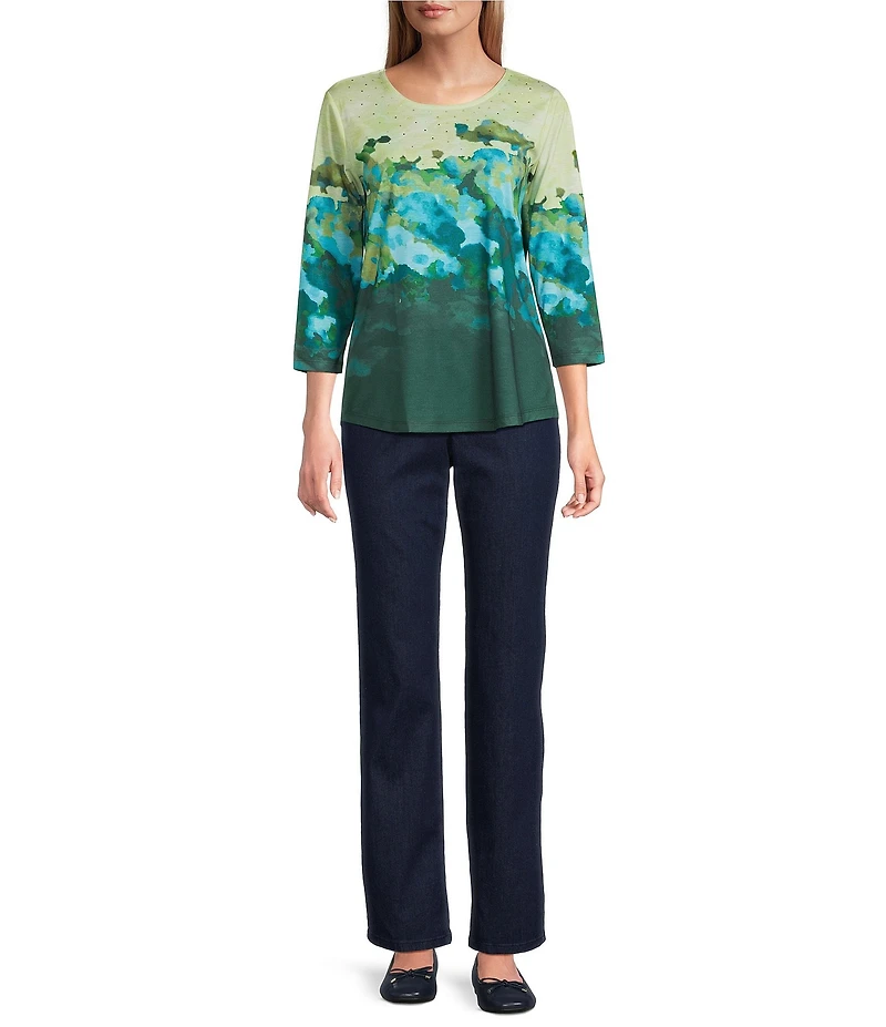 Allison Daley Deep Forest Placed Cloudscape Print Embellished 3/4 Sleeve Crew Neck Knit Top