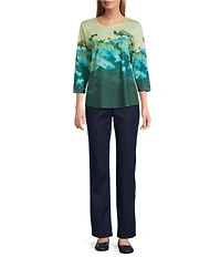 Allison Daley Deep Forest Placed Cloudscape Print Embellished 3/4 Sleeve Crew Neck Knit Top