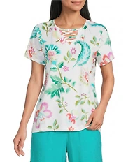 Allison Daley Demask Floral Rainbow Embellished Short Sleeve Crisscross V-Neck Knit Top