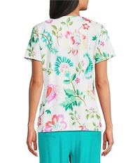 Allison Daley Demask Floral Rainbow Embellished Short Sleeve Crisscross V-Neck Knit Top