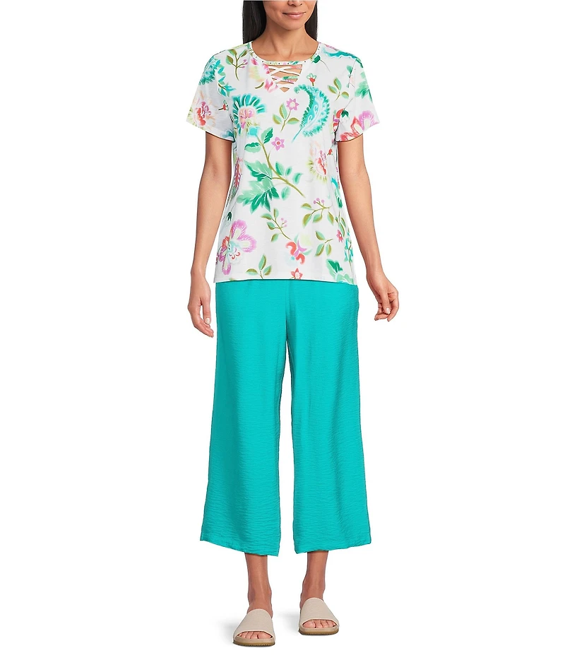 Allison Daley Demask Floral Rainbow Embellished Short Sleeve Crisscross V-Neck Knit Top