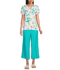 Allison Daley Demask Floral Rainbow Embellished Short Sleeve Crisscross V-Neck Knit Top