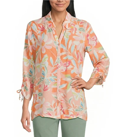 Allison Daley Desert Flower Print 3/4 Tie Sleeve Point Collar Button Front Blouse