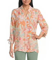 Allison Daley Desert Flower Print 3/4 Tie Sleeve Point Collar Button Front Blouse
