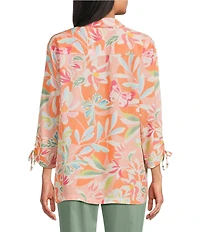 Allison Daley Desert Flower Print 3/4 Tie Sleeve Point Collar Button Front Blouse