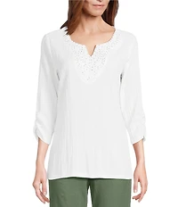 Allison Daley Embellished Applique Split Round Neck 3/4 Ruched Sleeve Woven Top