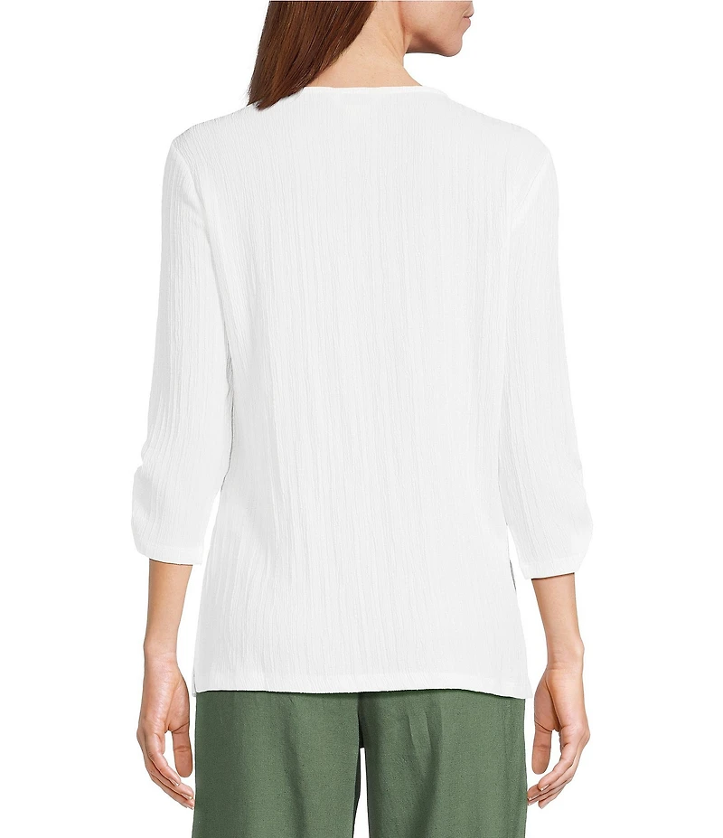 Allison Daley Embellished Applique Split Round Neck 3/4 Ruched Sleeve Woven Top