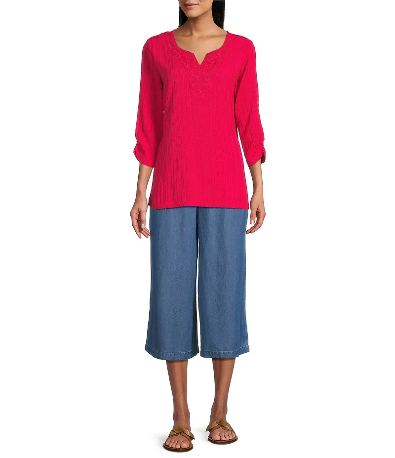 Allison Daley Embellished Applique Split Round Neck 3/4 Ruched Sleeve Woven Top
