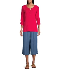 Allison Daley Embellished Applique Split Round Neck 3/4 Ruched Sleeve Woven Top