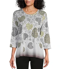 Allison Daley Embellished Cascading Hearts Print 3/4 Sleeve Crew Neckline Knit Top